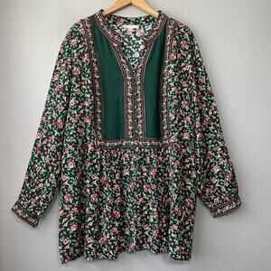 Woman Within Plus Size 2X Green Floral Peasant Top Romantic Cottagecore Boho